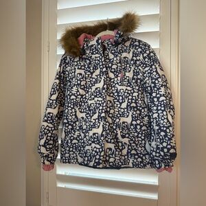 Kids Blue and White Patterned Jacket with Faux Fur Hood age 11-12